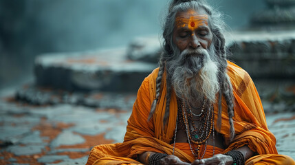 Indian  old man - sage, guru, sadhu, saint meditates in orange clothes