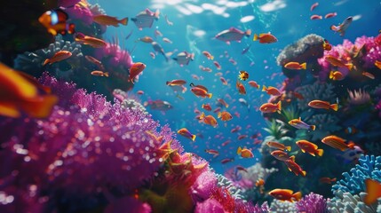 Fototapeta na wymiar A vibrant and colorful image of a school of tropical fish darting among coral structures, representing the beauty and diversity of marine life on World Reef Awareness Day.