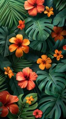 A photo of orange hibiscus flowers and green leaves. - obrazy, fototapety, plakaty