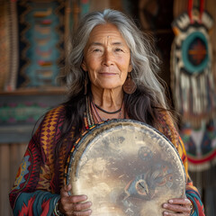 Indian ritual ancient percussion instrument drum or tambourine held by a gray-haired female shaman.