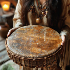 An ancient Indian ritual percussion instrument, a drum or tambourine held by a female shaman