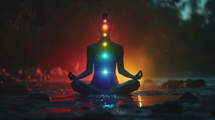 Female silhouette in lotus pose meditates in radiance on dark cosmic background, opens chakras.