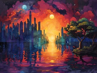 A beautiful painting of a cityscape with a large tree and a river in the foreground, and a sunset in the background.
