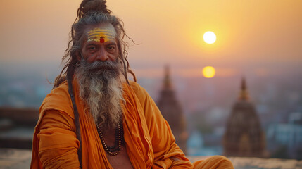 Indian saghu, guru, sage, saint, Shivaite in orange clothes on the background of the sunset