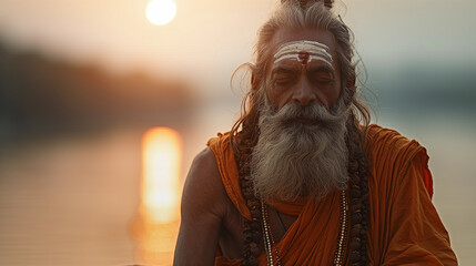 Indian saghu, guru, sage, saint, Shivaite in orange clothes on the background of the sunset