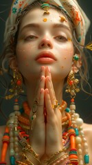 Woman adorned in vibrant. Traditional south asian accessories with hands clasped in prayer. Exuding tranquility and spiritual connectivity. Against a soothing backdrop