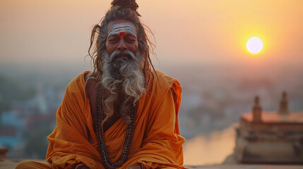 Indian saghu, guru, sage, saint, Shivaite in orange clothes on the background of the sunset - obrazy, fototapety, plakaty