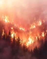 Surreal and Dramatic Wildfire Consuming a Mountainous Forest with Fleeing Wildlife in Chiaroscuro Lighting