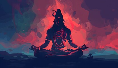 Shiva Meditating in Colorful Illustration with Epic Lighting - obrazy, fototapety, plakaty