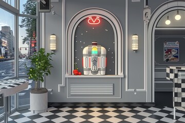 3D Retro Diner Design: Grey Walls, Pop-Art Trim, Neon Light, Jukebox Frame