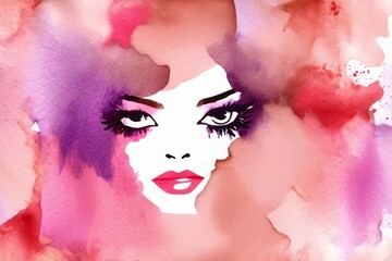 Elegant fashion woman with pink lips makeup watercolor illustration in purple and magenta colors. Young and beautiful girl liquid acrylic painting. Banner with copy space