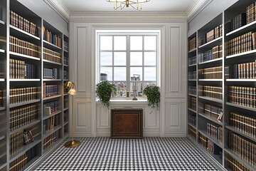 3D Traditional Study Model: Steel Grey Bookshelves, White Paneling, Houndstooth Carpet & Brass Desk Lamp