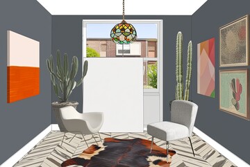 Eclectic Studio 3D Model: Graphite Walls, Sculpted Chair Rails, Herringbone Floors & Tiffany Pendant Integration