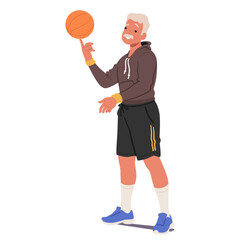 Elderly Man In Sports Uniform And Shorts Spinning Effortlessly Basketball Ball Atop His Index Finger, Showcasing Skills