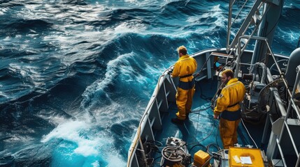 Obraz premium A rugged fishing boat cuts through turbulent ocean waves under a dramatic overcast sky, showcasing the resilience of maritime workers. AIG41