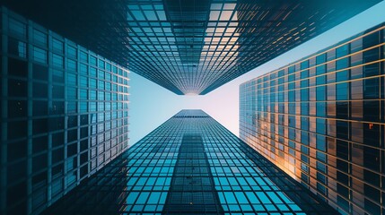 Visualize a towering skyscraper with intricate details seen from a worms-eye view Capture the grandeur in a blend of sleek architecture and artistic design with photorealistic prec