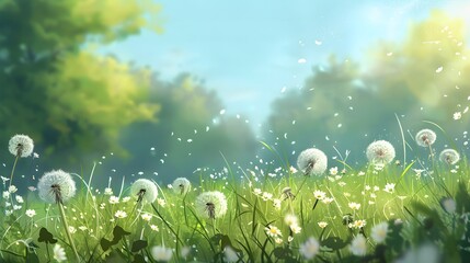 Spring Meadow Illustration with Sunny Sky