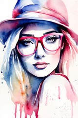 Elegant fashion woman in hat and glasses watercolor illustration in red and purple colors. Young and beautiful girl liquid acrylic painting. Banner with copy space