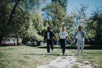 Three diverse friends laugh and run care-freely in a sunlit park, each holding a refreshing drink, embodying joy and carefree spirit.