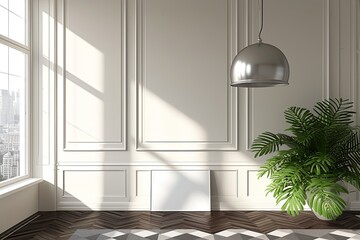 3D Minimalist Space: Off-White Walls, Oak Flooring, Lush Fern, Cityscape View