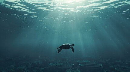 A tranquil and meditative underwater landscape, featuring a lone sea turtle gliding gracefully through the water, representing the peace and serenity of 