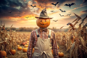 Fototapeta premium The concept of the Halloween holiday. Horror. Fear. A scary scarecrow with a pumpkin for a head, in a plaid shirt and a bow tie. Banner, postcard.