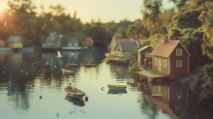 the canvas of a serene lake, the HD camera showcases the tranquil beauty of miniature architecture landscape models, with tiny boats and docks nestled along the shoreline and birds soaring overhead - obrazy, fototapety, plakaty