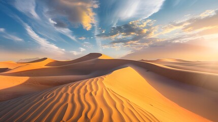 the canvas of a sprawling desert landscape, the HD camera reveals the mesmerizing dance of sand dunes and shifting shadows under the soft, golden light of the setting sun - Powered by Adobe
