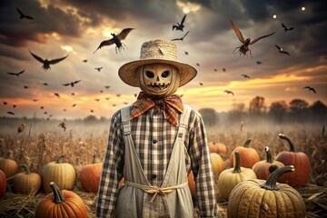 The concept of the Halloween holiday. Horror. Fear. A scary scarecrow with a pumpkin for a head, in a plaid shirt and a bow tie. Banner, postcard.