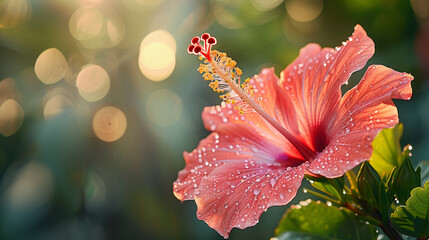 Macro Image of Hibiscus Flower with Intricate Stamen Details. Softly Lit Green Foliage. Floral Abstract Background.