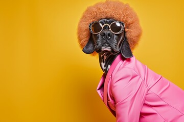 Pink Suit Canine Fashion Model with Afro Wig and Cool Shades