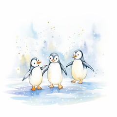 Three penguins are standing on ice..