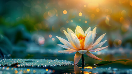 Portrait of a Lotus Flower with Dew Drops and Golden Hour Light. Floral Abstract Background.