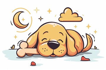 Cartoon Vector Tranquil Pet Dog with Bone: Peaceful and Isolated Love and Play Illustration for Kids