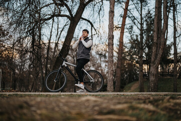 A young male teenager on a bicycle taking a break to enjoy his leisure time in the serene setting of an autumn park.