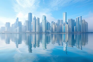 Blue Skyline Reflect: Contemporary Cityscape with Reflective High-Rises