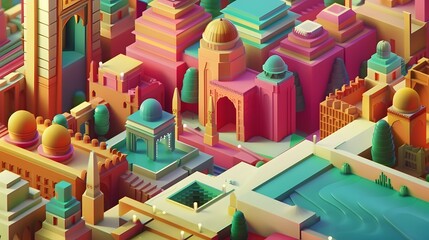 The HD camera captures the intricate details of 3D isometric scenes, with geometric shapes and architectural elements arranged in perfect symmetry against a backdrop of vibrant colors