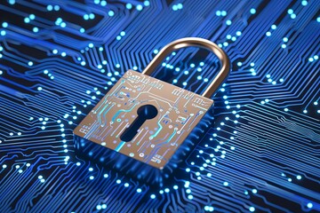 Digital Data Encryption: Cyber Padlock on Blue Circuit Illustration