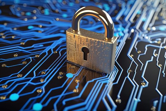 Metallic Padlock Cyber Defense Icon on Blue Circuit Board
