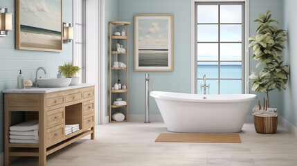 Fototapeta na wymiar A modern coastal bathroom and nautical details provide a relaxed seaside vibe.