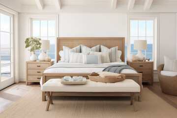 Fototapeta na wymiar A modern coastal bedroom and nautical details provide a relaxed seaside vibe.