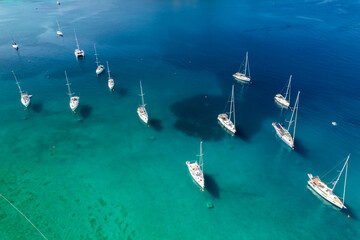 Aerial view of boats anchored in the Adriatic Sea off the coast of Croatia. - 798306557