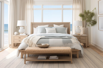 A modern coastal bedroom and nautical details provide a relaxed seaside vibe.