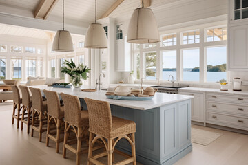 A modern coastal kitchen room and nautical details provide a relaxed seaside vibe.