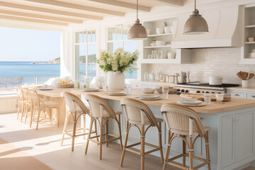 A modern coastal kitchen room and nautical details provide a relaxed seaside vibe.
