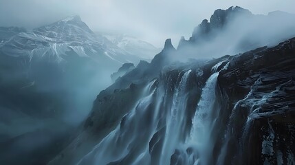 The HD camera captures the ethereal beauty of long exposure landscape photos, with soft, flowing waterfalls cascading down rugged cliffs against a backdrop of majestic mountains - Powered by Adobe