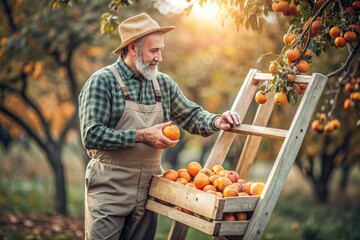 Agricultural industry. A wooden box with a persimmon in the hands of a male farmer. The gardener is harvesting a rich harvest. Close-up, sunlight. Autumn fruit picking.