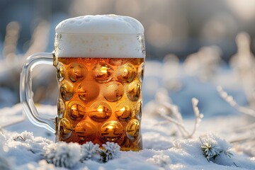 A mug of beer sitting in the snow with a lot of bubbles on