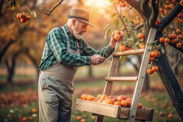Agricultural industry. A wooden box with a persimmon in the hands of a male farmer. The gardener is harvesting a rich harvest. Close-up, sunlight. Autumn fruit picking. - obrazy, fototapety, plakaty