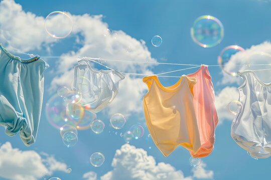 floating clothing in soap bubbles on sky background laundry washing concept photo